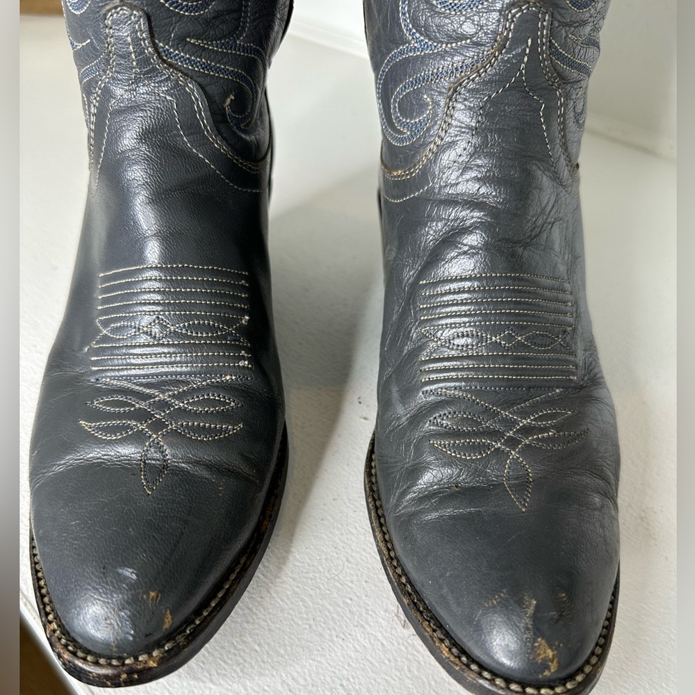 Vintage Dan Post Grey Leather Embroidered Cowboy Boots Women’s 7.5C - Picture 3 of 10